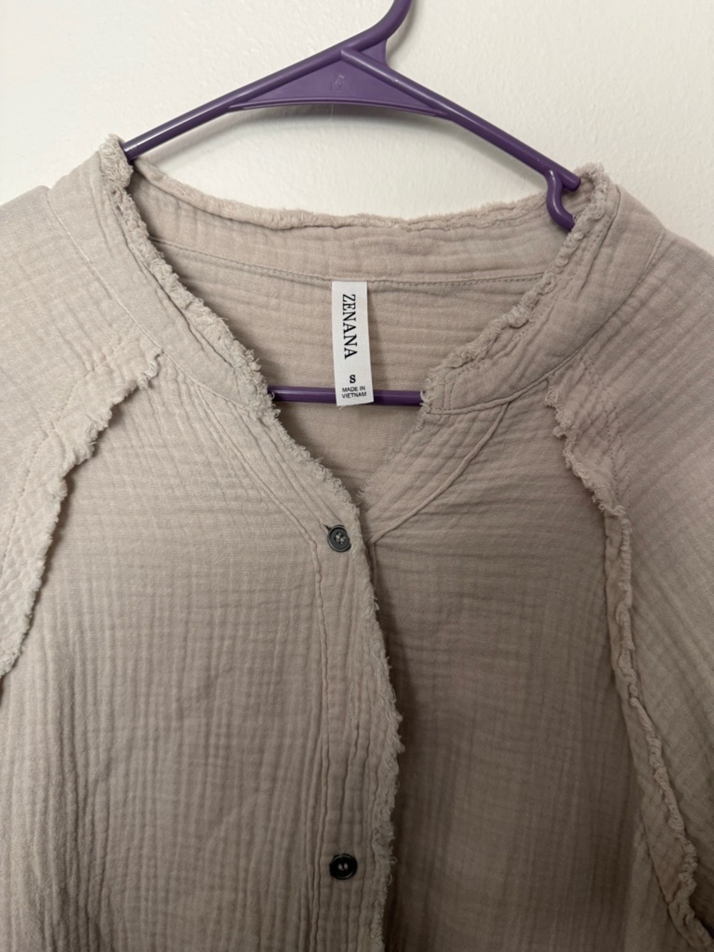 Zenana Gauze Button Down Shacket Top Small Neutral Raw Hem Boho Oversized - Picture 2 of 11